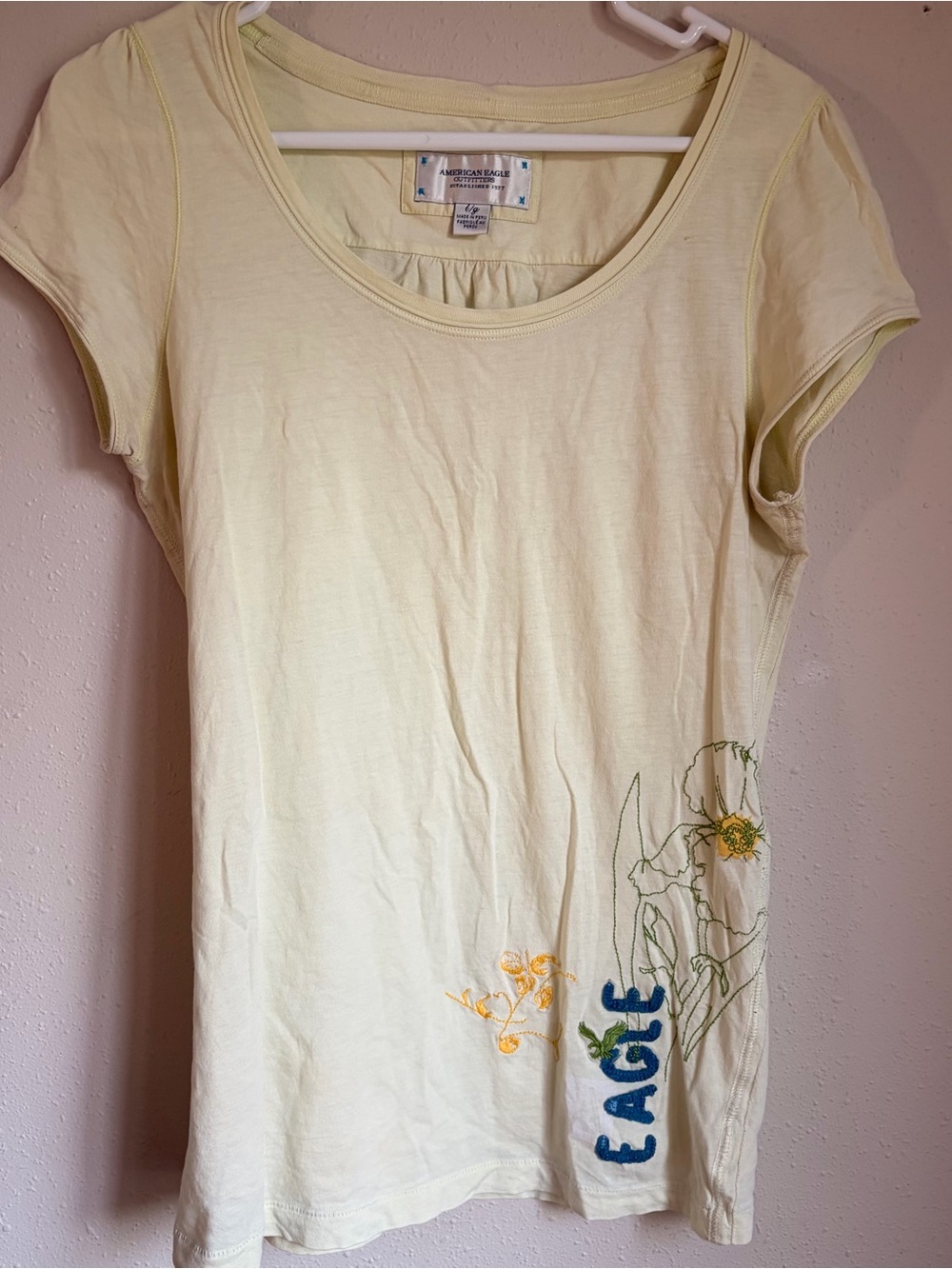 Y2K American Eagle Outfitters Pale Yellow Scoop Neck Tee with Floral Embroidery